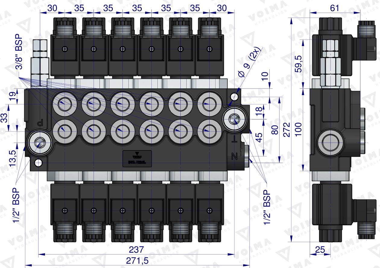 Rozdzielacz hydrauliczny 6-sekcyjny sterowany elektrycznie 12V 40L VOIMA