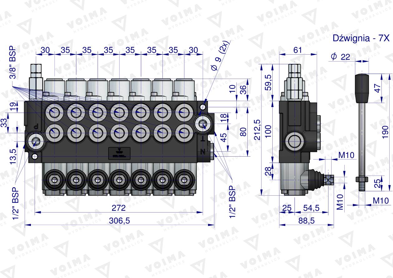 Rozdzielacz hydrauliczny 7-sekcyjny 40L VOIMA