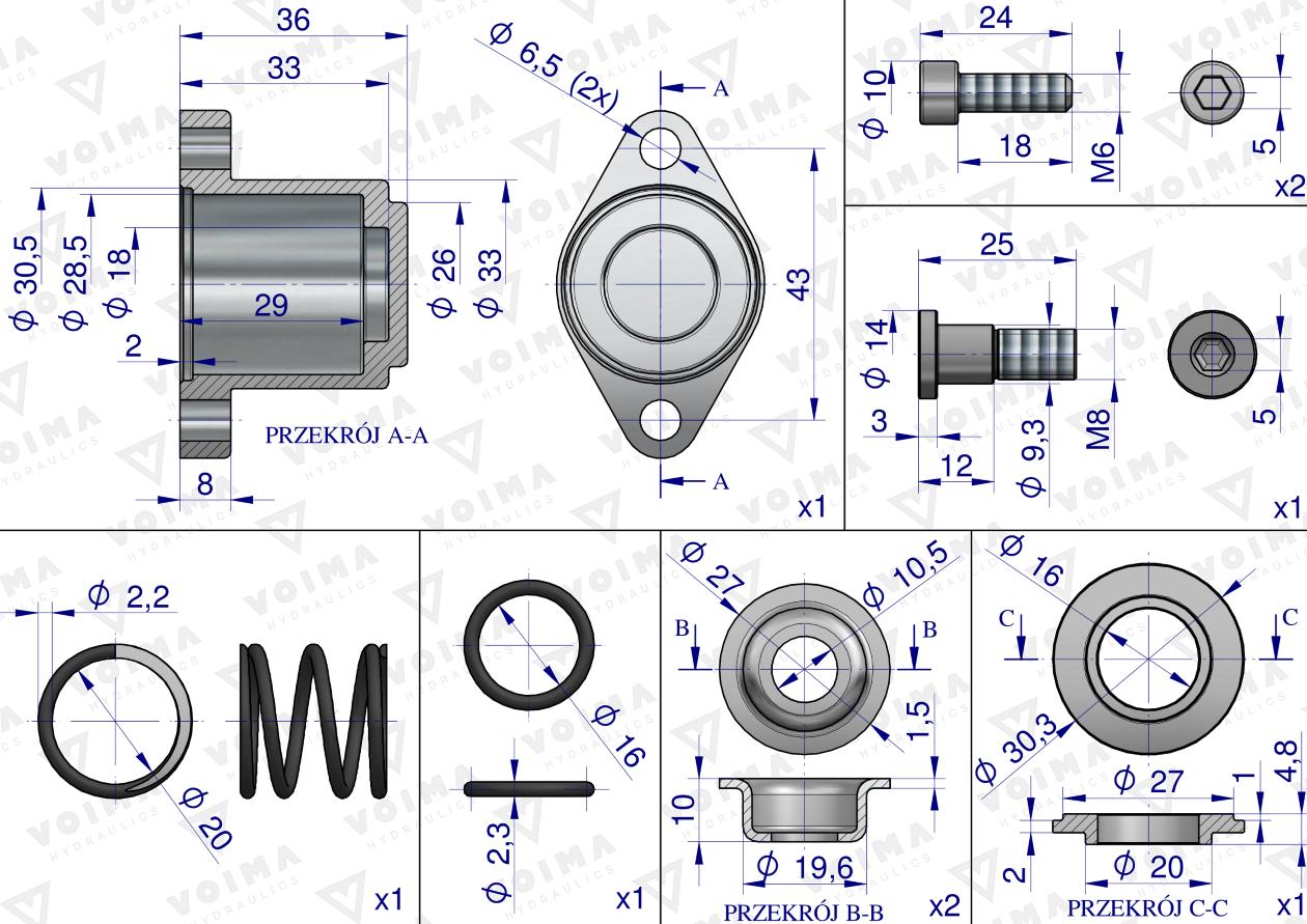 Kołpak rozdzielacza hydraulicznego dolny kompletny 40L VOIMA