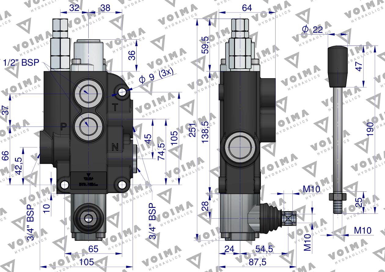 Rozdzielacz hydrauliczny 1-sekcyjny 80L VOIMA