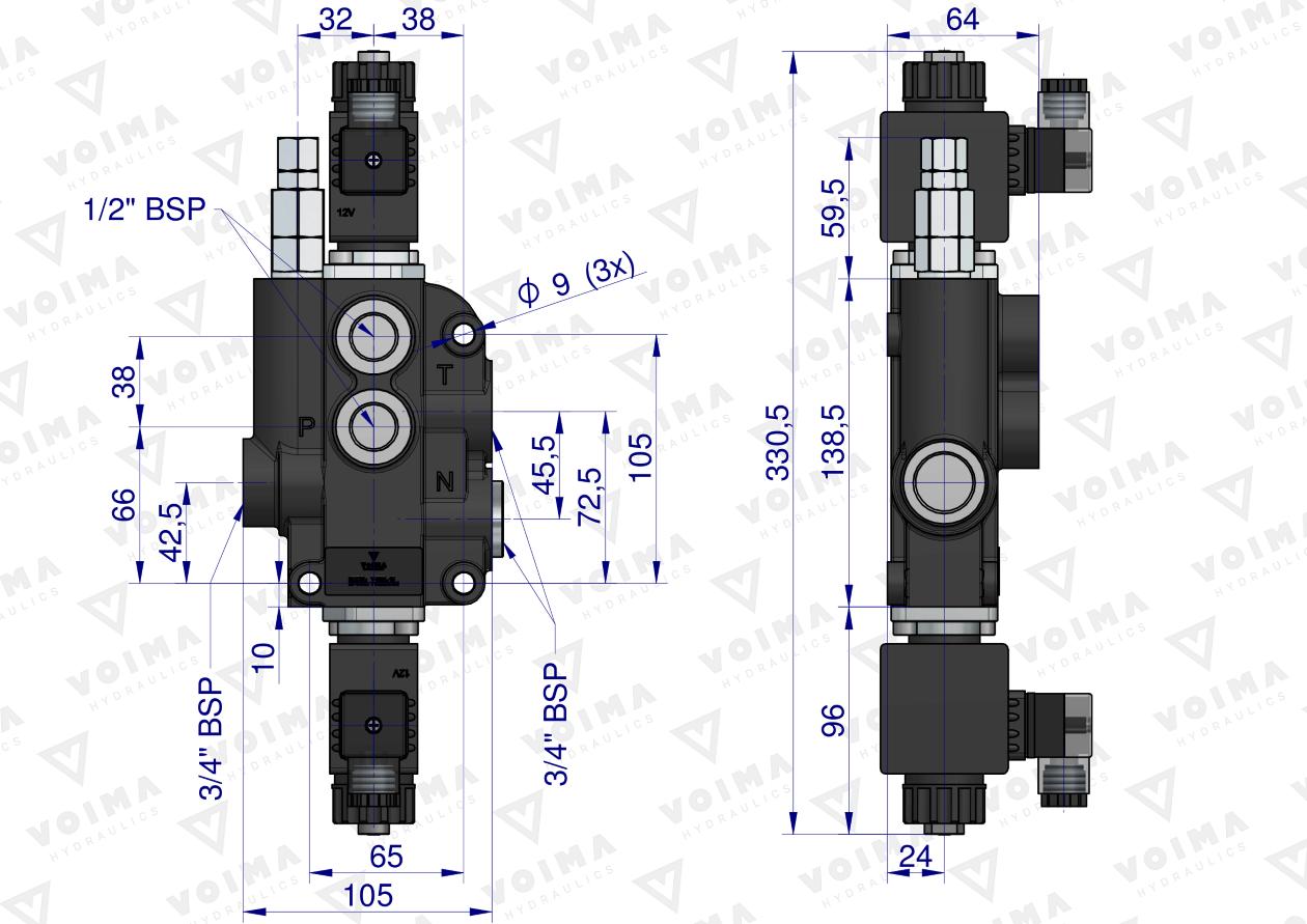 Rozdzielacz hydrauliczny 1-sekcyjny sterowany elektrycznie 12V 80L VOIMA