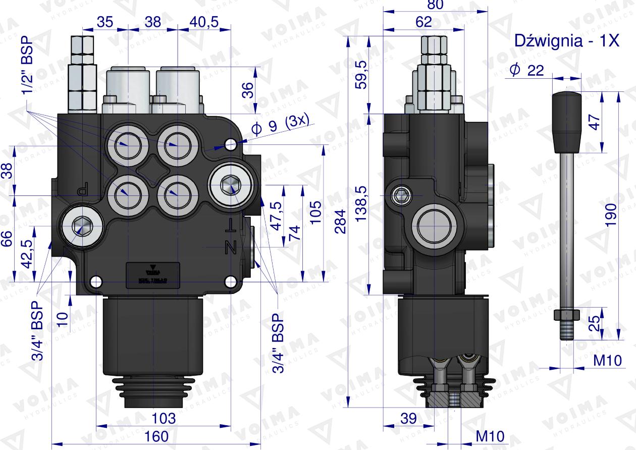Rozdzielacz hydrauliczny 2-sekcyjny 80L z joystickiem  VOIMA
