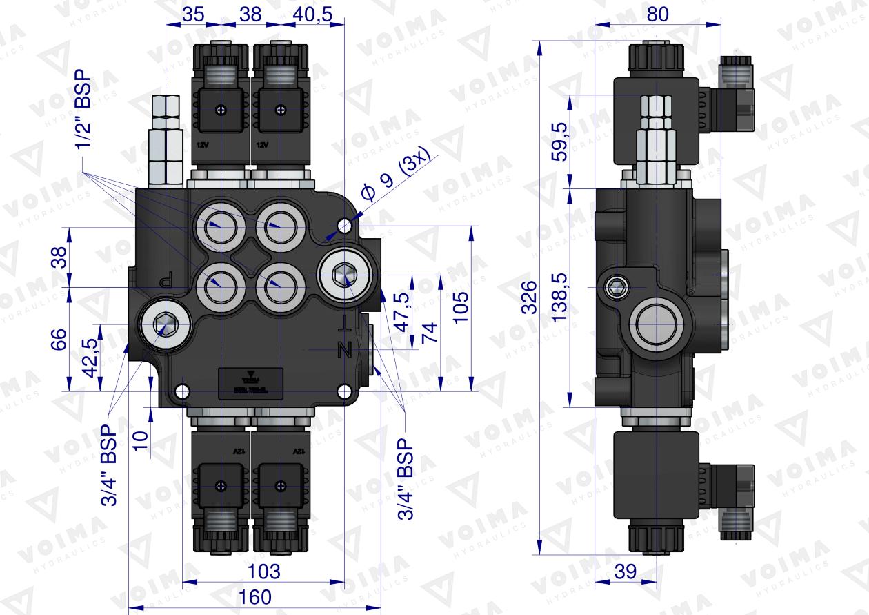 Rozdzielacz hydrauliczny 2-sekcyjny sterowany elektrycznie 12V 80L VOIMA