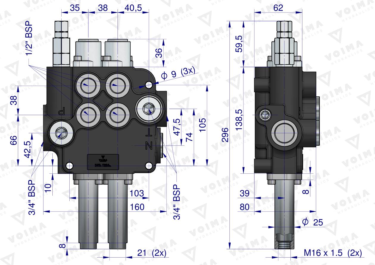 Rozdzielacz hydrauliczny 2-sekcyjny 80L sterowany joystickiem na linkę VOIMA