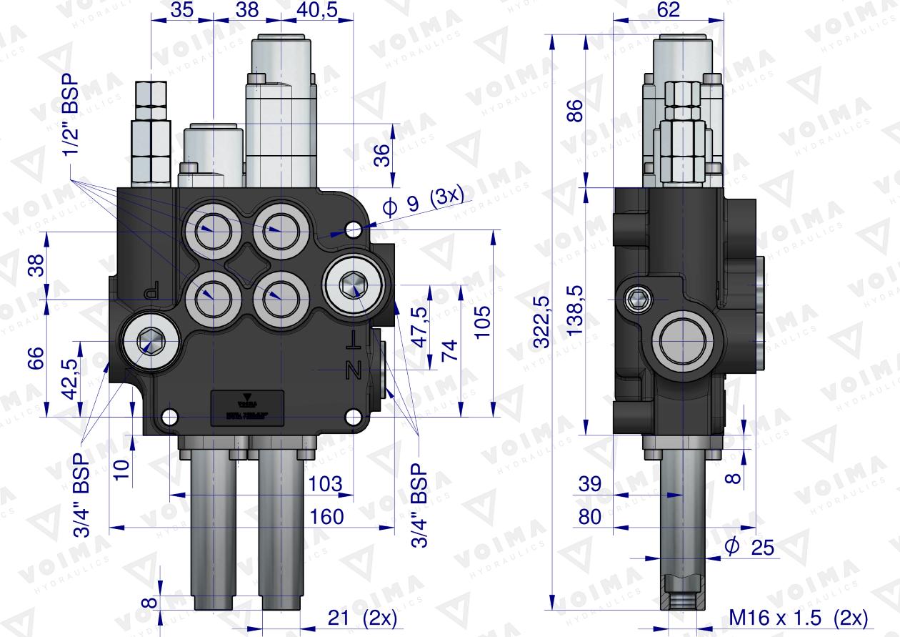 Rozdzielacz hydrauliczny 2-sekcyjny 80L (1-sekcja pływająca) sterowany na linkę VOIMA
