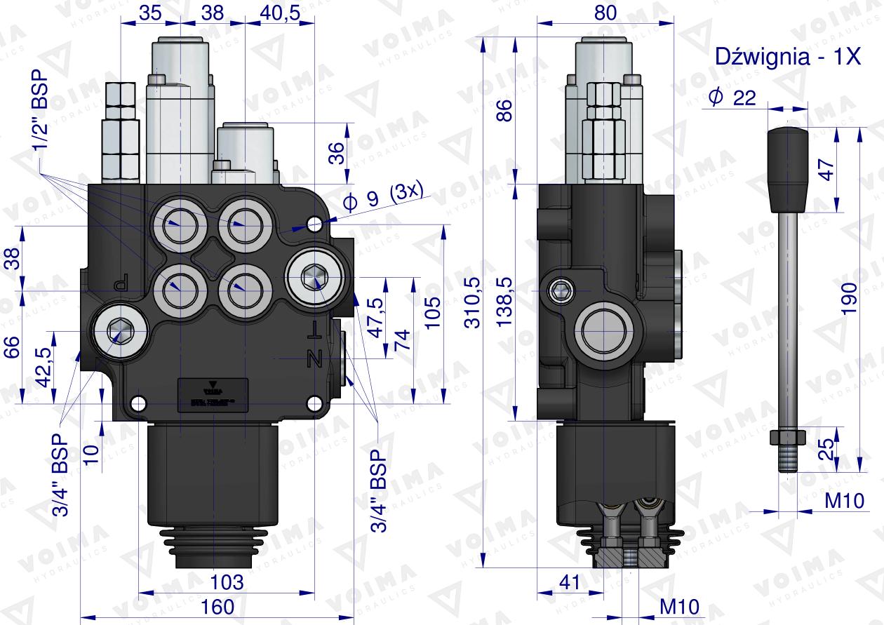 Rozdzielacz hydrauliczny 2-sekcyjny 80L (1-sekcja pływająca) z joystickiem  VOIMA