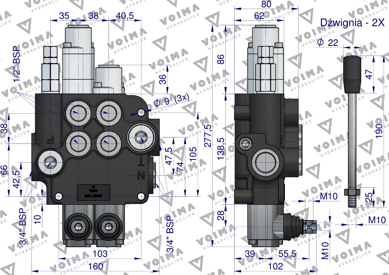Rozdzielacz hydrauliczny 2-sekcyjny 80L (1-sekcja pływająca)  VOIMA