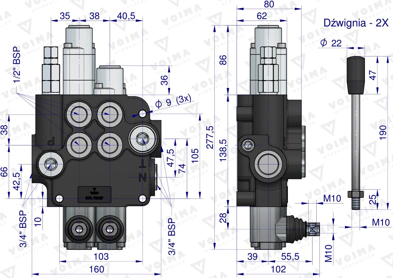 Rozdzielacz hydrauliczny 2-sekcyjny 80L (1-sekcja pływająca)  VOIMA