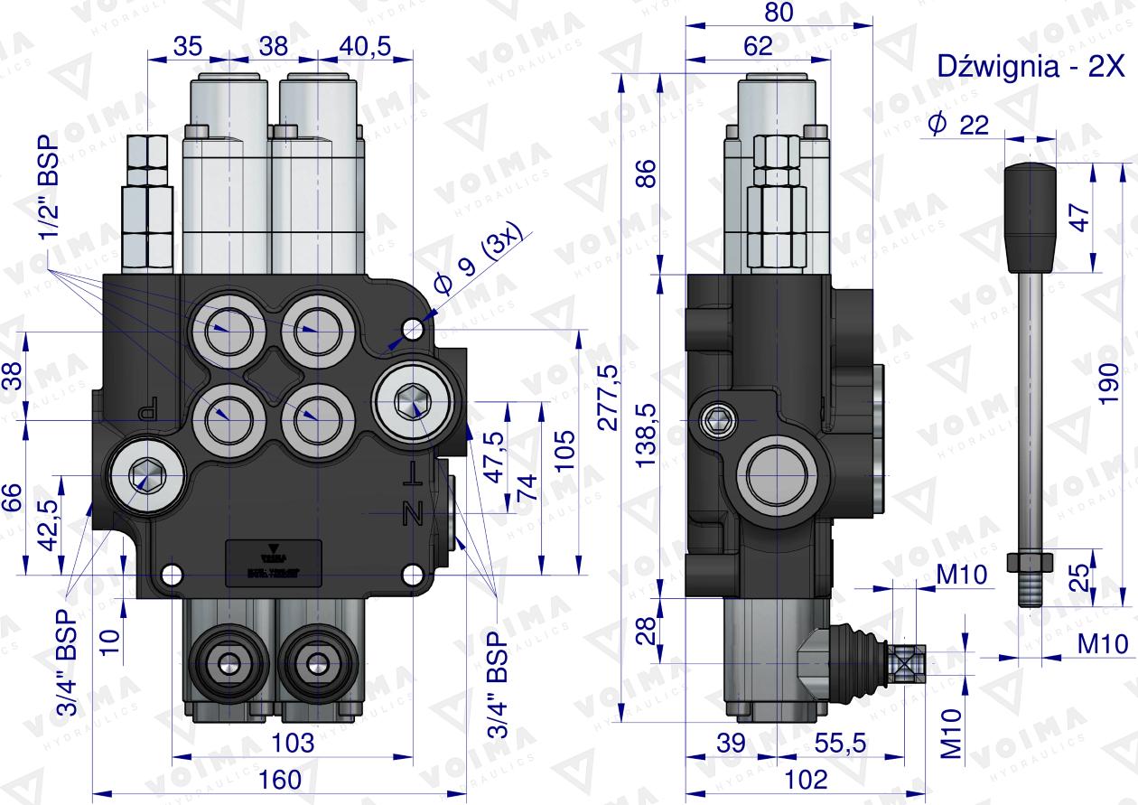 Rozdzielacz hydrauliczny 2-sekcyjny 80L (2-sekcje pływające)  VOIMA