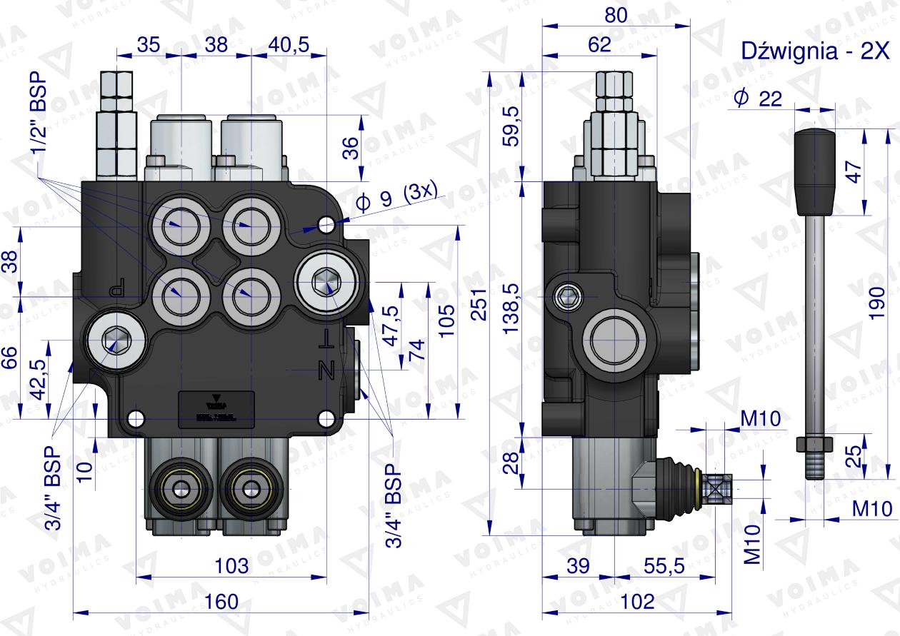 Rozdzielacz hydrauliczny 2-sekcyjny 80L z zatrzaskami VOIMA