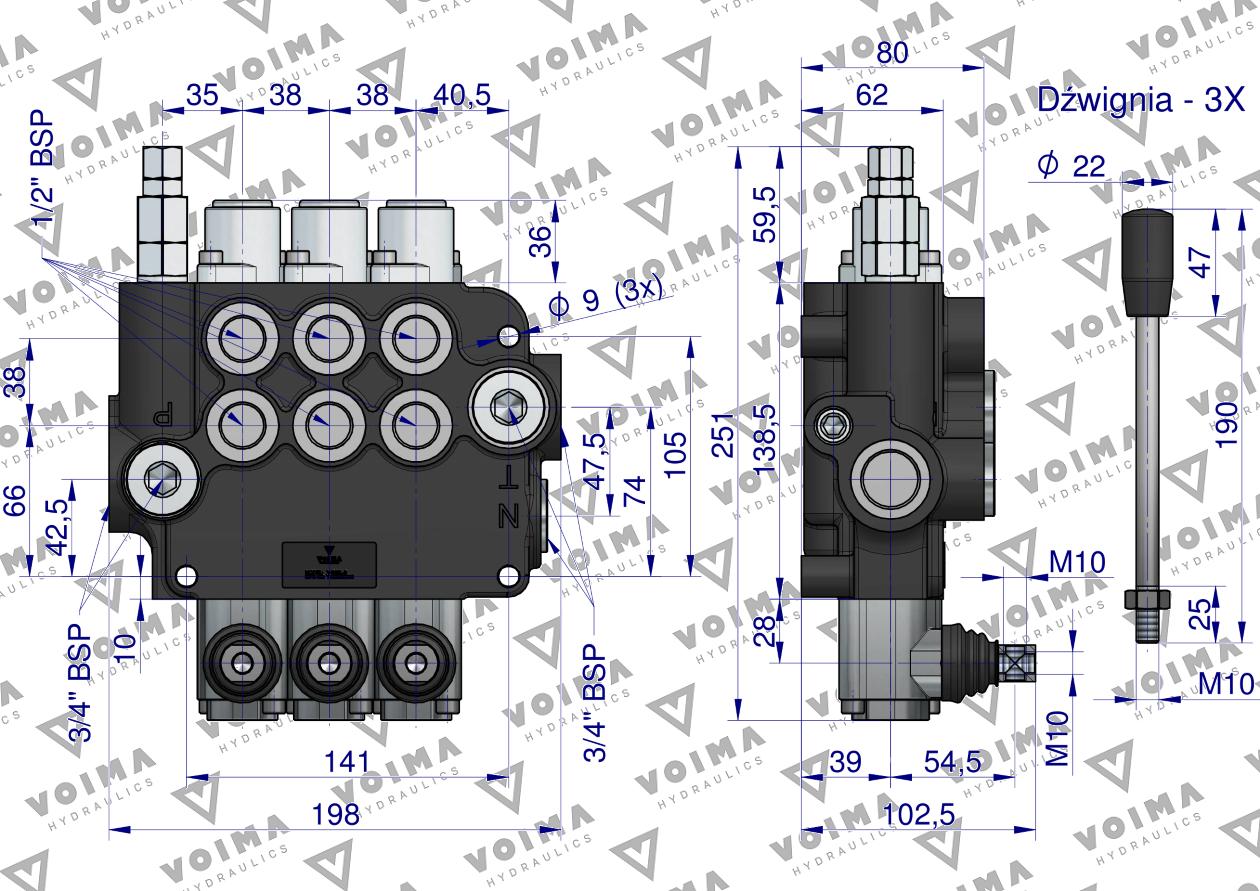 Rozdzielacz hydrauliczny 3-sekcyjny 80L VOIMA