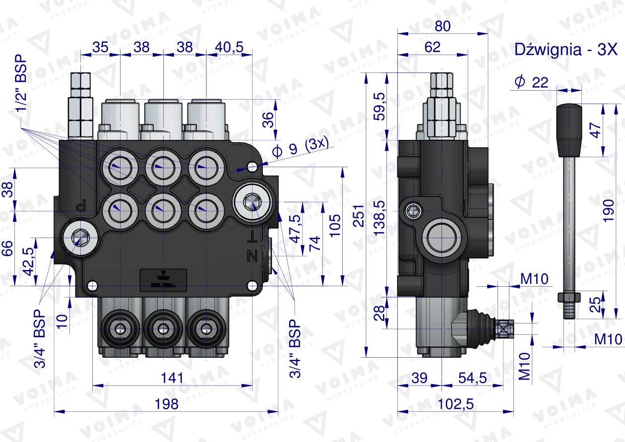 Rozdzielacz hydrauliczny 3-sekcyjny 80L VOIMA