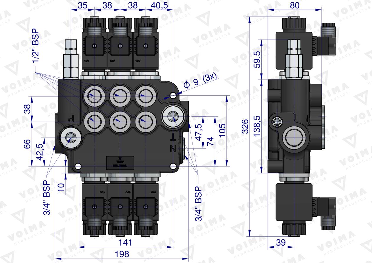 Rozdzielacz hydrauliczny 3-sekcyjny sterowany elektrycznie 12V 80L VOIMA