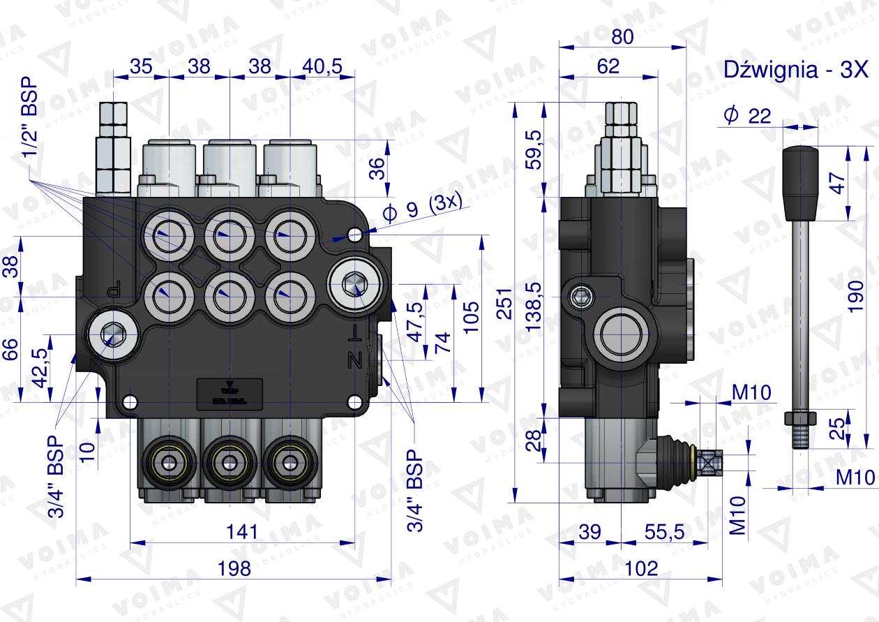 Rozdzielacz hydrauliczny 3-sekcyjny 80L z zatrzaskami VOIMA