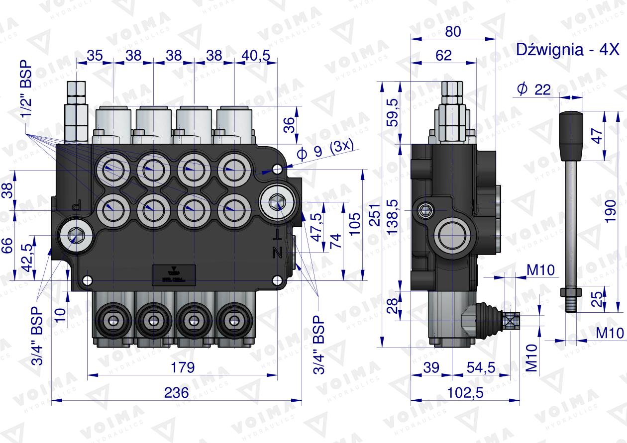 Rozdzielacz hydrauliczny 4-sekcyjny 80L VOIMA