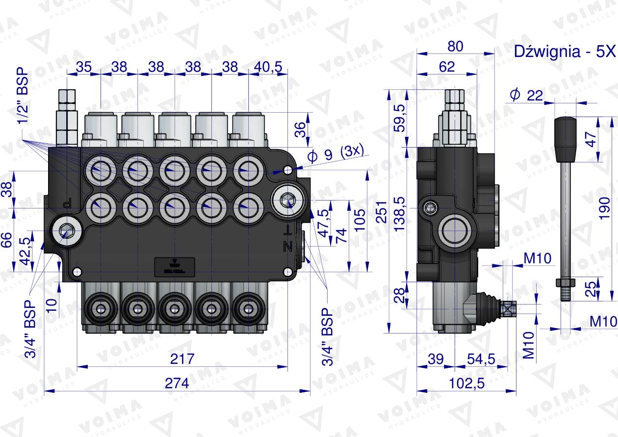 Rozdzielacz hydrauliczny 5-sekcyjny 80L VOIMA