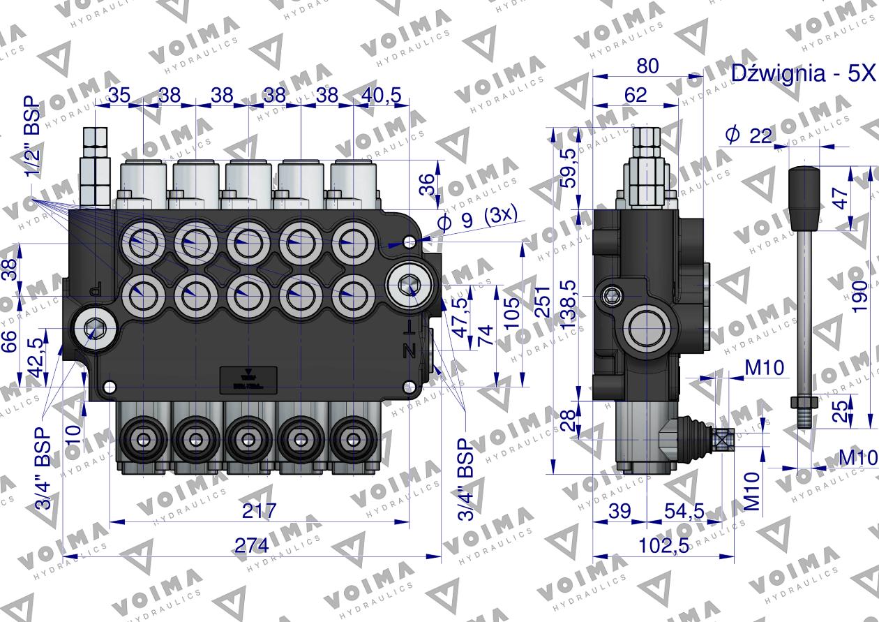Rozdzielacz hydrauliczny 5-sekcyjny 80L VOIMA