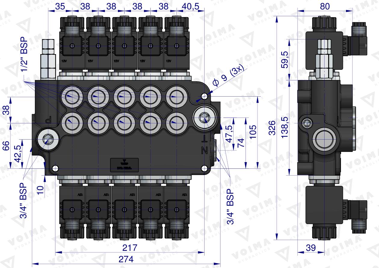 Rozdzielacz hydrauliczny 5-sekcyjny sterowany elektrycznie 12V 80L VOIMA