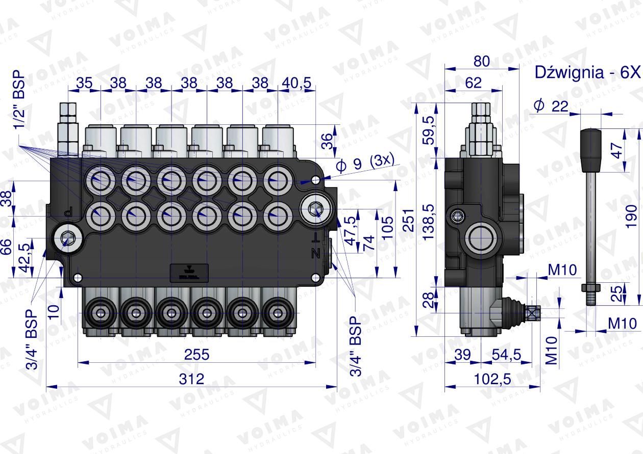 Rozdzielacz hydrauliczny 6-sekcyjny 80L VOIMA