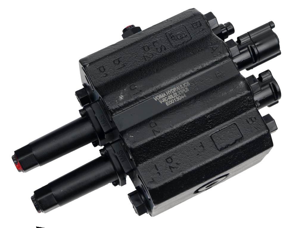 Rozdzielacz hydrauliczny do ładowaczy czołowych (LS - Load Sensing) 2-sekcyjny (1 x sekcja pływająca) max przepływ 90L - sterowany na linkę i joystick VOIMA