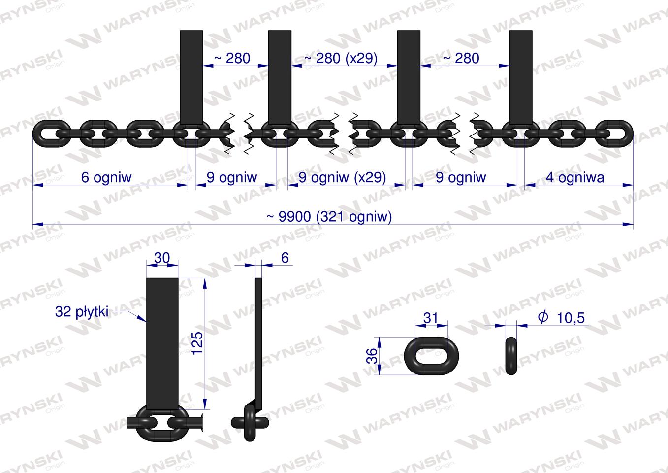 Łańcuch 32-l. 30x125x6 wsuwany klasa 5 Rozrzutnik Fortschritt T-088 Waryński