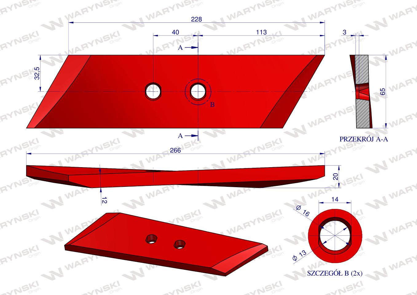 Dłuto, nakładka lemiesza prawa zastosowanie Kverneland stal borowa WARYŃSKI