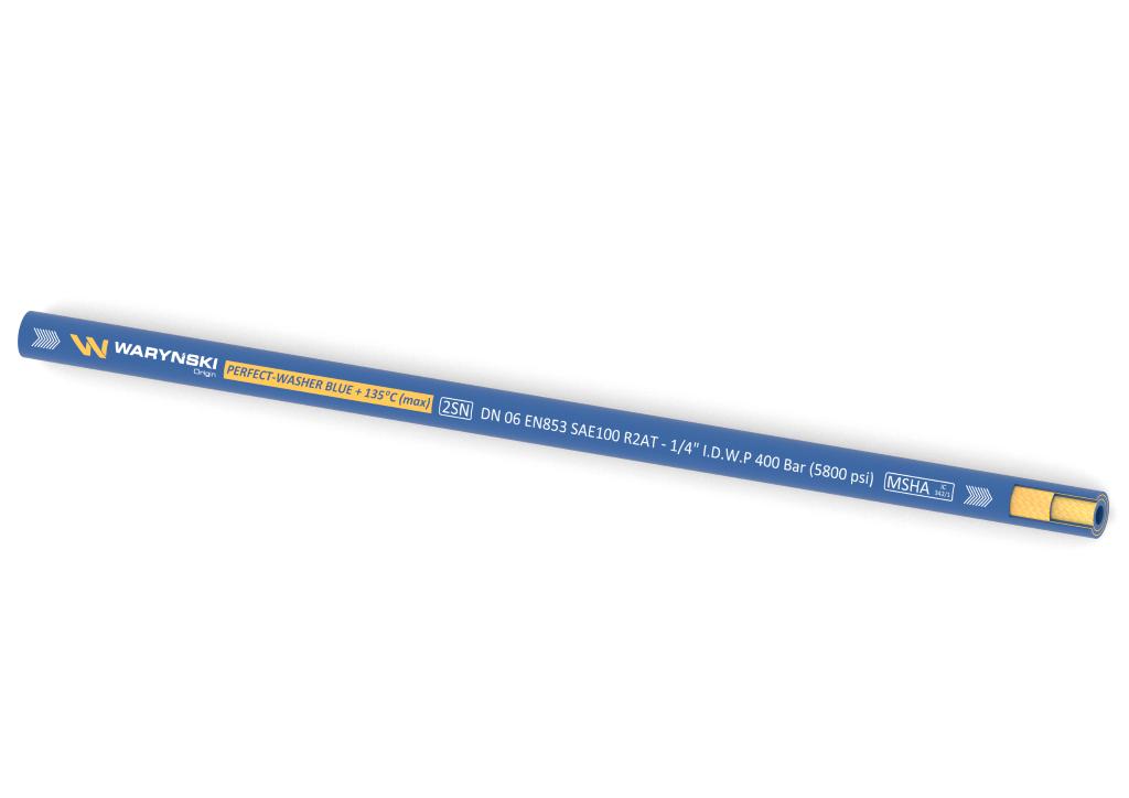 Wąż hydrauliczny do urządzeń myjących PERFECT-WASHER BLUE 135 stopni 2SN DN06 2-oplotowy 400 Bar Waryński (sprzedawany po 50m)