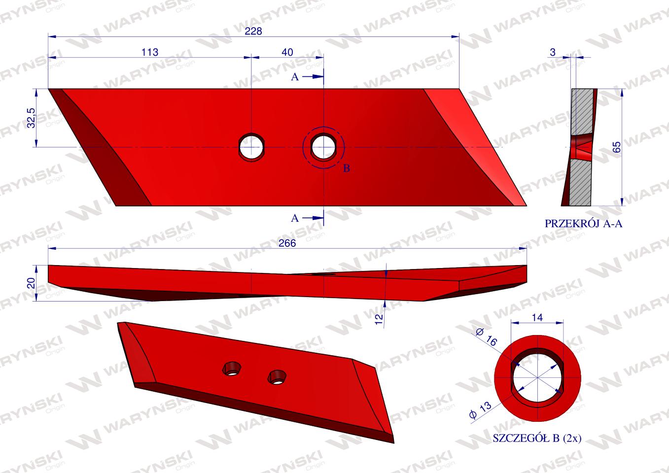 Dłuto, nakładka lemiesza lewa zastosowanie Kverneland stal borowa WARYŃSKI