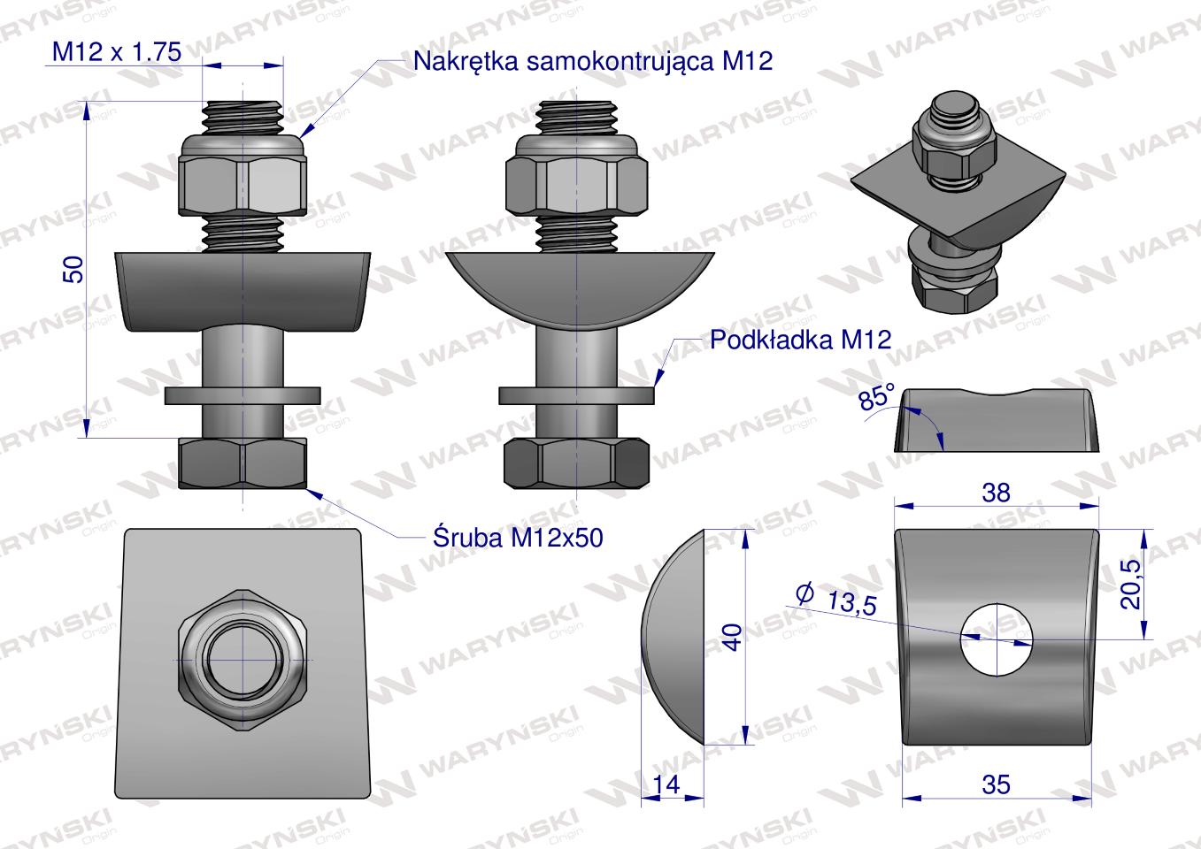 Mocowanie palca kpl. (starszy model do 1985) śruba M12 zastosowanie Deutz Fahr Waryński