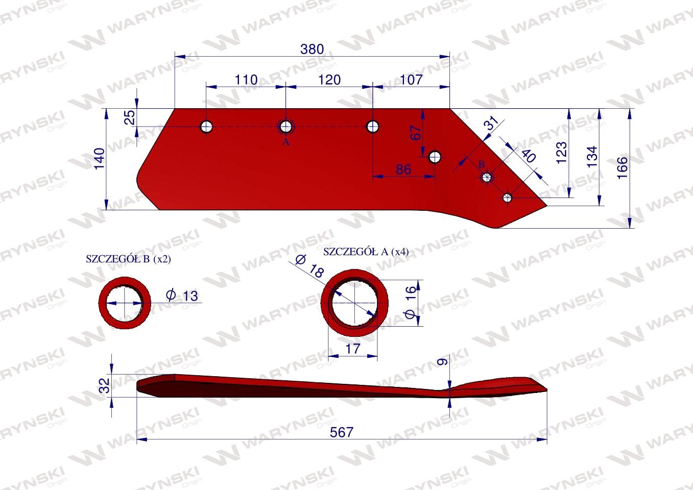 Eurolemiesz prawy 16" zastosowanie Kverneland Pług stal borowa WARYŃSKI