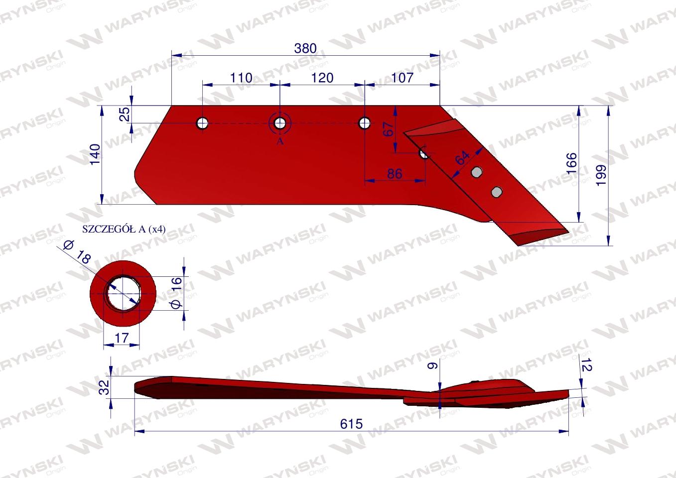 Eurolemiesz prawy 16" z dłutem zastosowanie Kverneland Pług stal borowa  WARYŃSKI