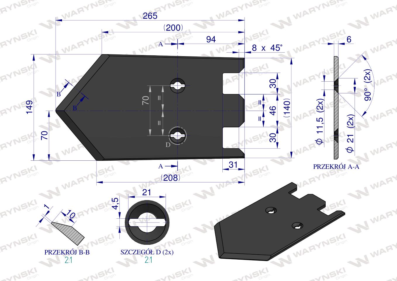 Lemiesz 149 mm, listwowy prawy szerokość wyorywania 540, zastosowanie Grimme, Waryński
