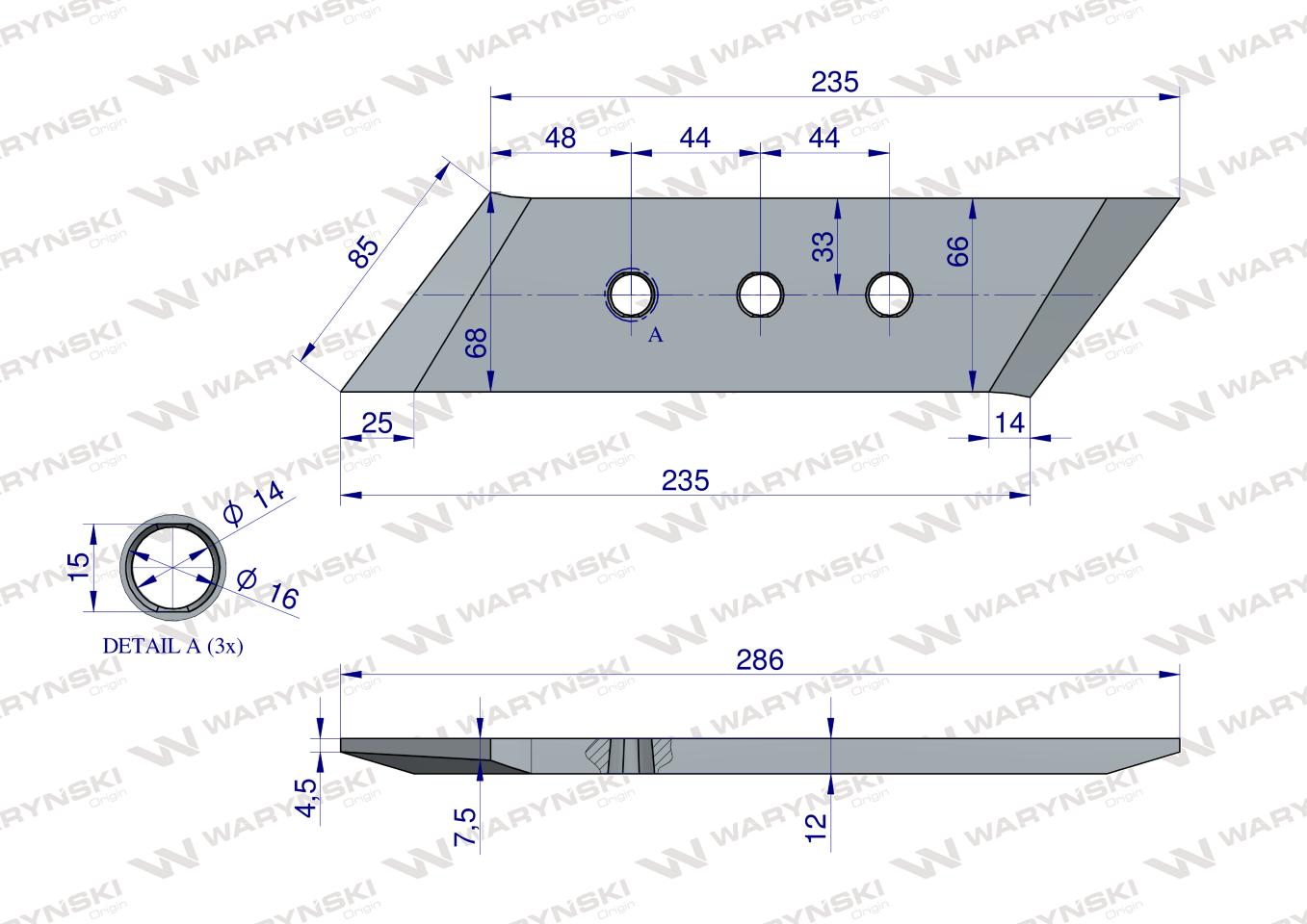 Dłuto nakładka lemiesza prawe trzyotworowe zastosowanie VIS/17 XL Unia Pług stal borowa WARYŃSKI