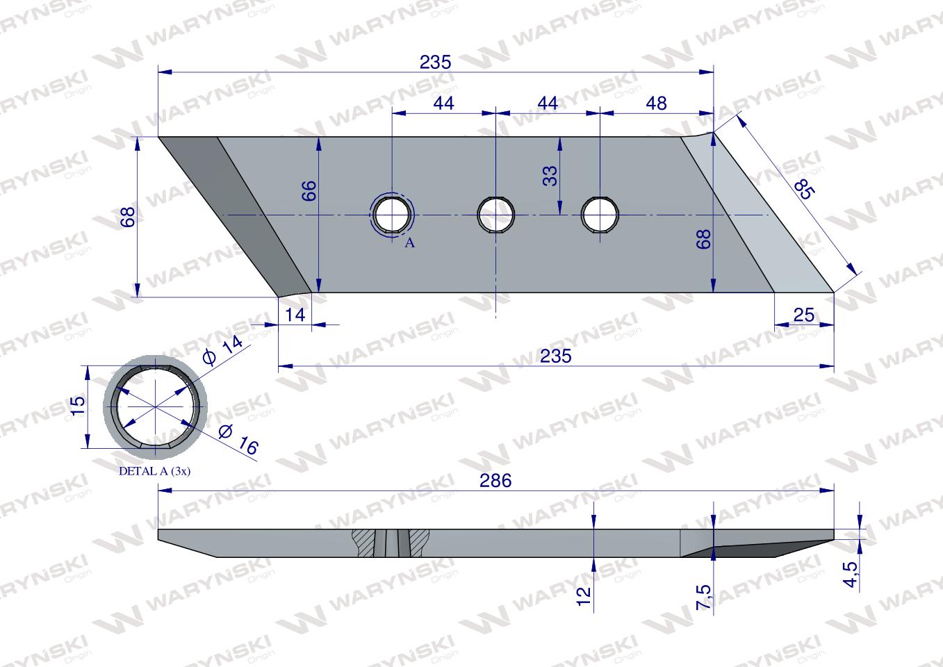 Dłuto nakładka lemiesza lewe trzyotworowe zastosowanie VIS/34 XL Unia Pług stal borowa WARYŃSKI