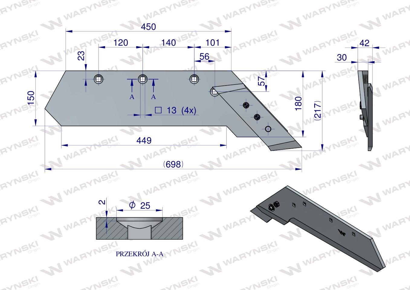 Lemiesz z dłutem prawy zastosowanie VIS/08 35-50cm XXL Unia Pług stal borowa WARYŃSKI
