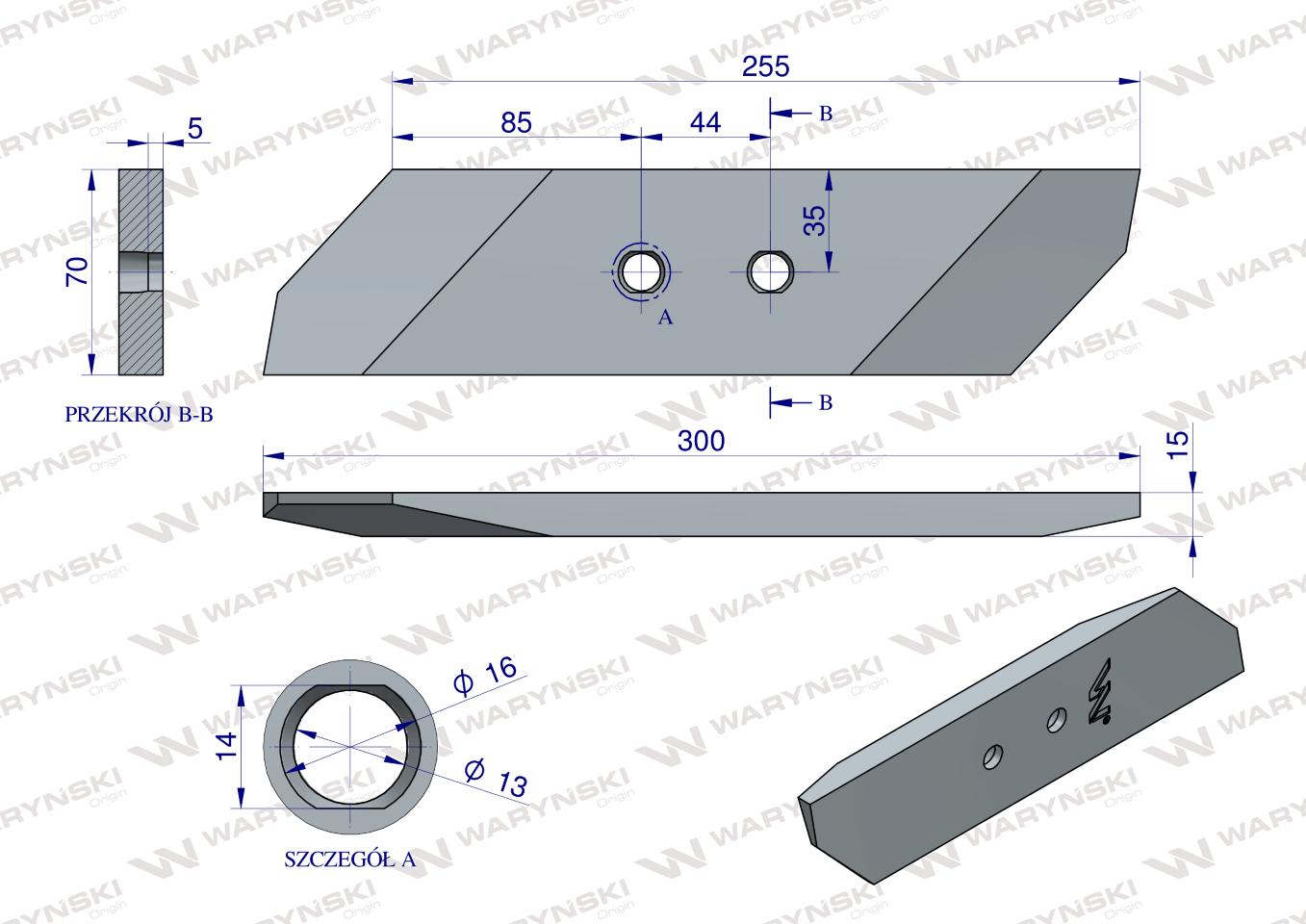Dłuto nakładka lemiesza prawe dwuotworowe 15 mm zastosowanie VIS/17 XL Unia Pług stal borowa WARYŃSKI