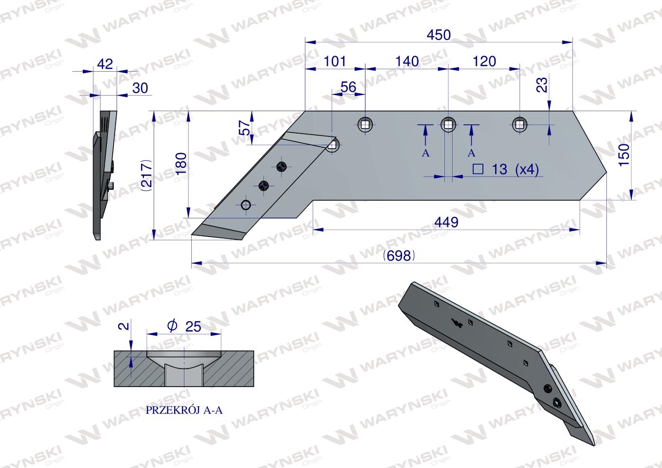 Lemiesz z dłutem lewy zastosowanie VIS/016 35-50cm XXL Unia Pług stal borowa WARYŃSKI