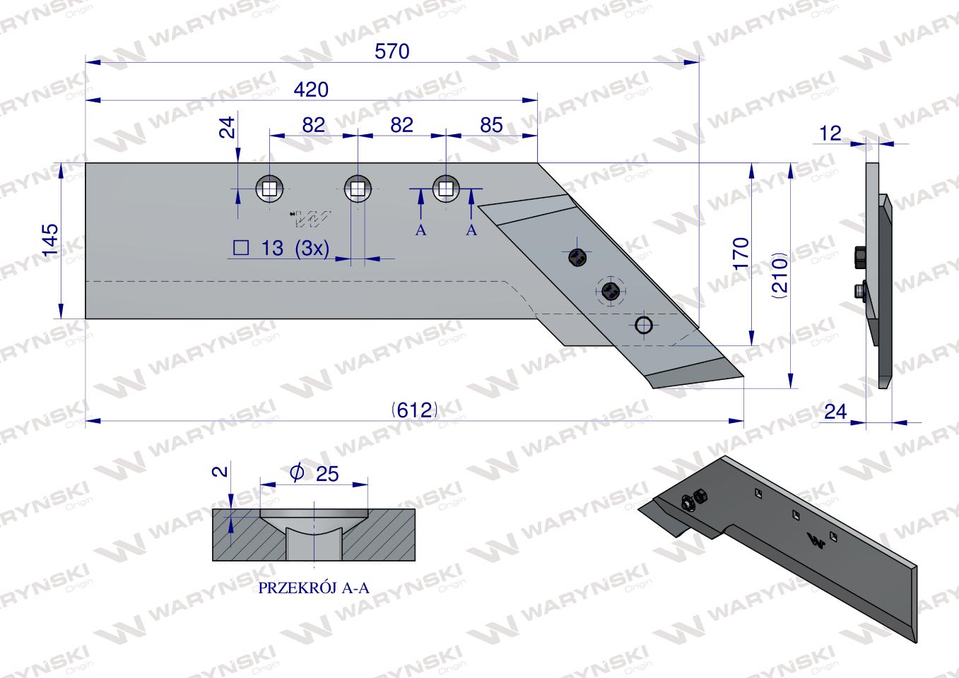 Lemiesz z dłutem prawy zastosowanie PO387 Ibis Tur Unia Pług stal borowa WARYŃSKI
