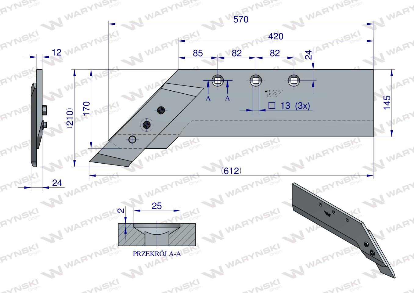Lemiesz z dłutem lewy zastosowanie PO389 Ibis Unia Pług stal borowa WARYŃSKI