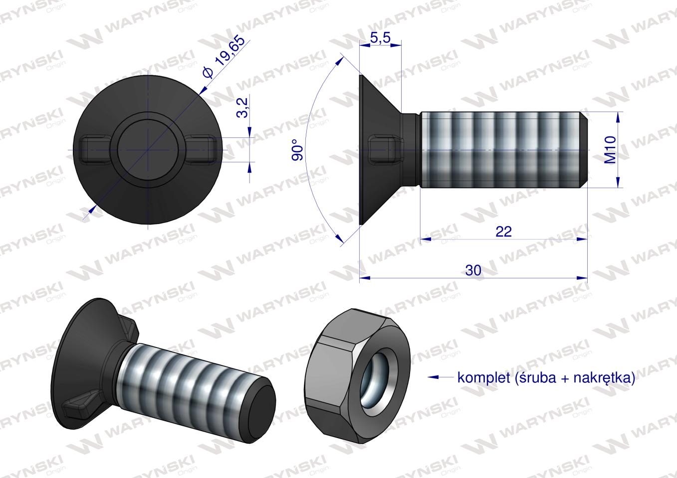 Śruba kpl. płużna dwunoskowa większy łeb M10x30 mm kl.10.9 Waryński ( sprzedawane po 25 )