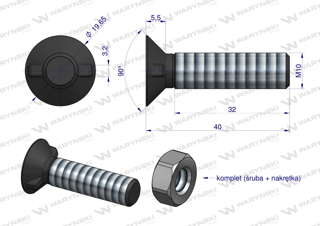 Śruba kpl. płużna dwunoskowa większy łeb M10x40 mm kl.10.9 Waryński ( sprzedawane po 25 )