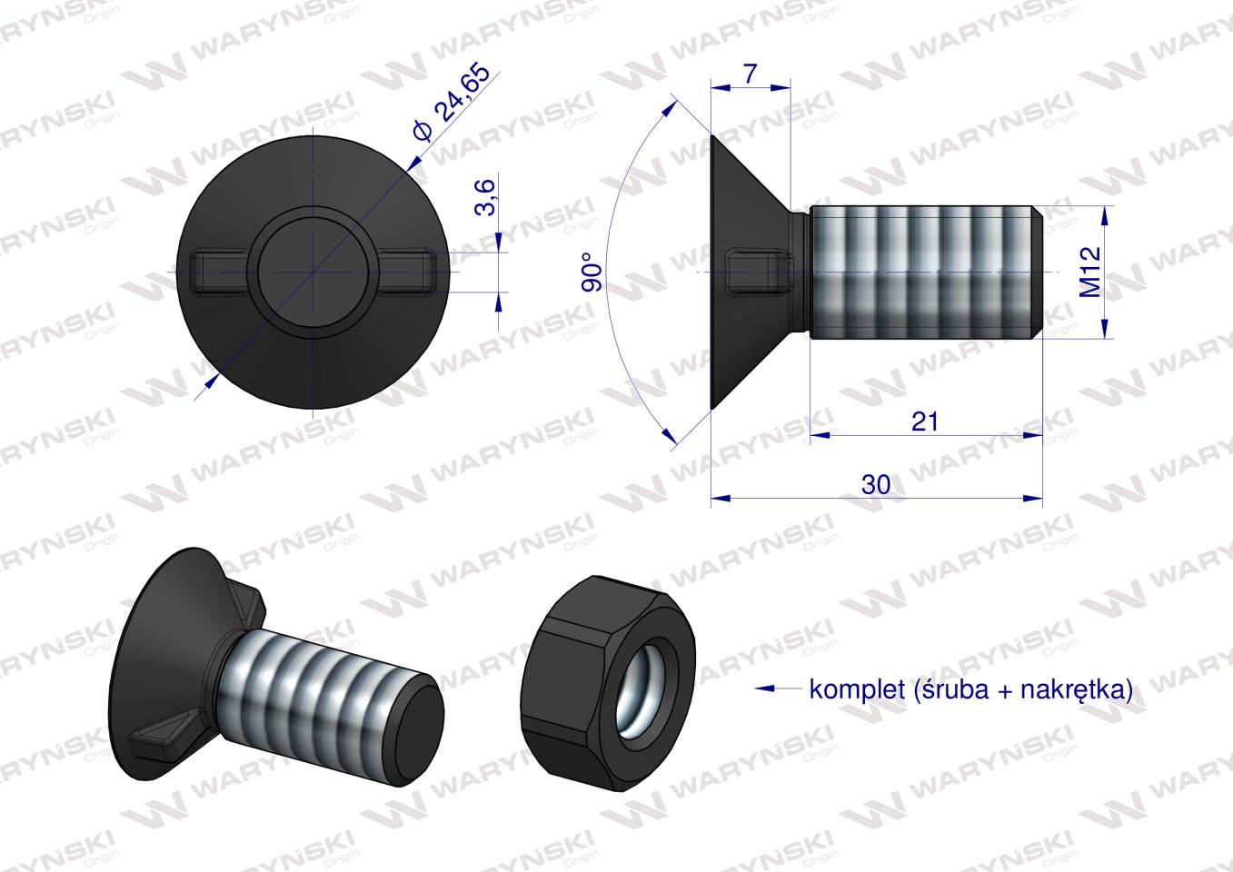 Śruba kpl. płużna dwunoskowa większy łeb DIN 11014 M12x30 mm kl.12.9 Waryński ( sprzedawane po 25 )