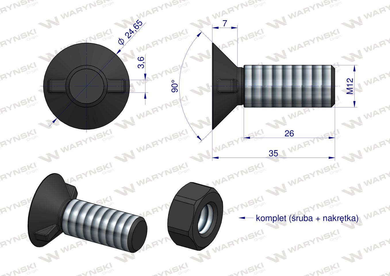 Śruba kpl. płużna dwunoskowa większy łeb M12x35 mm kl.12.9 Waryński ( sprzedawane po 25 )