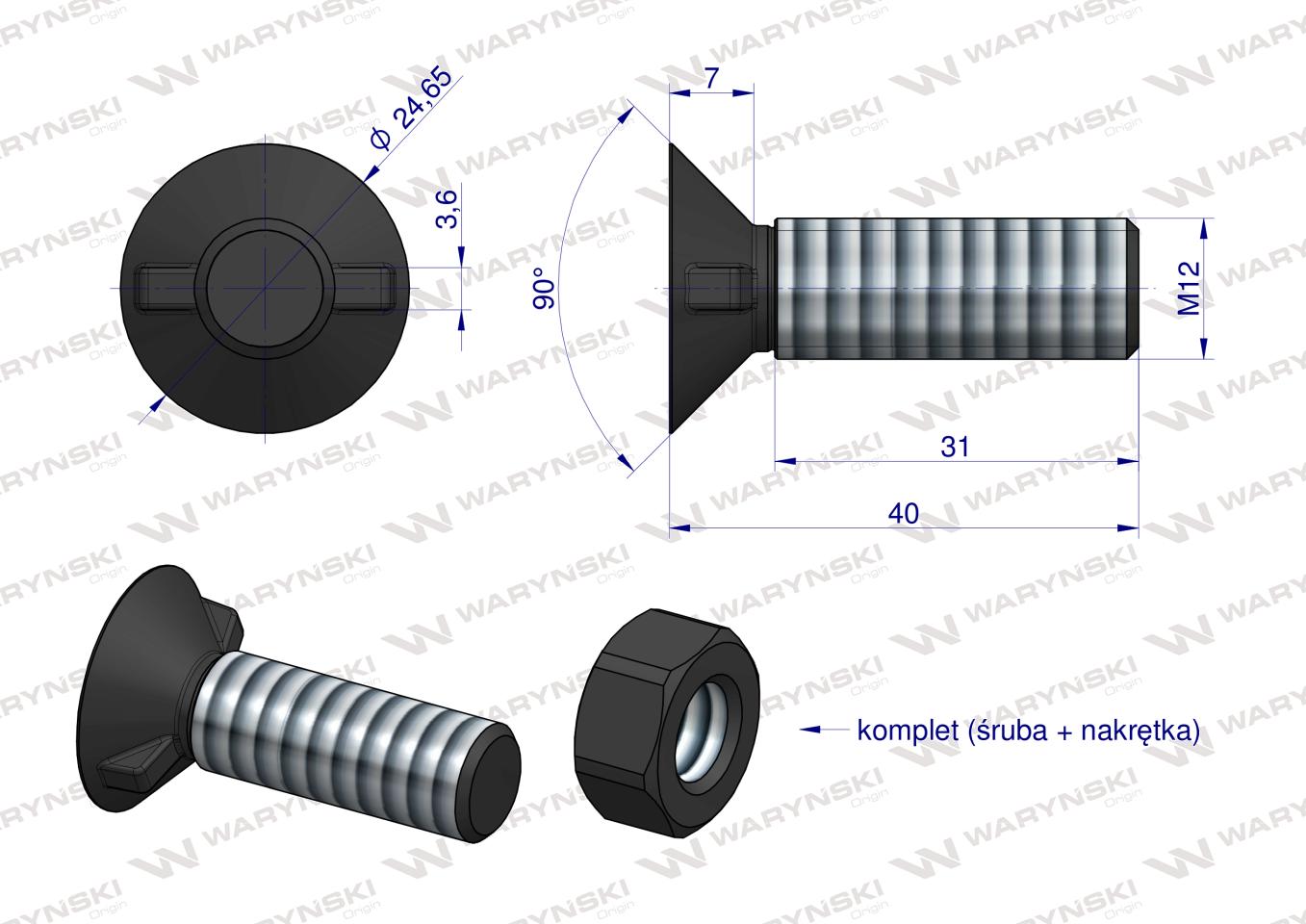 Śruba kpl. płużna dwunoskowa większy łeb DIN 11014 M12x40 mm kl.12.9 Waryński ( sprzedawane po 25 )