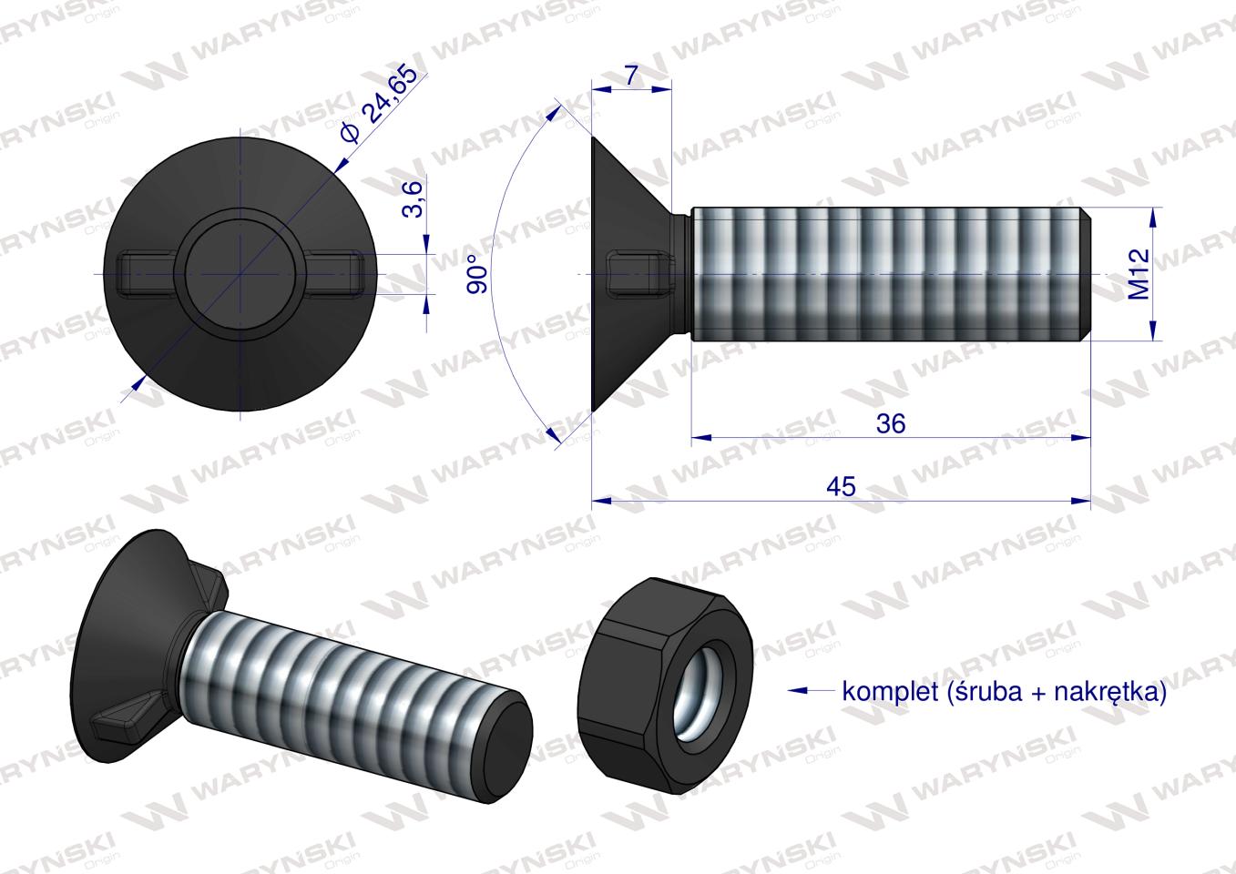 Śruba kpl. płużna dwunoskowa większy łeb DIN 11014 M12x45 mm kl.12.9 Waryński ( sprzedawane po 25 )