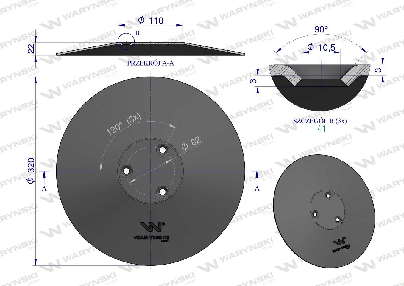 Talerz tarcza redlicy fi 320mm, mocowanie 3 / 82mm grubość 3mm, zastosowanie Amazone 962292, Waryński