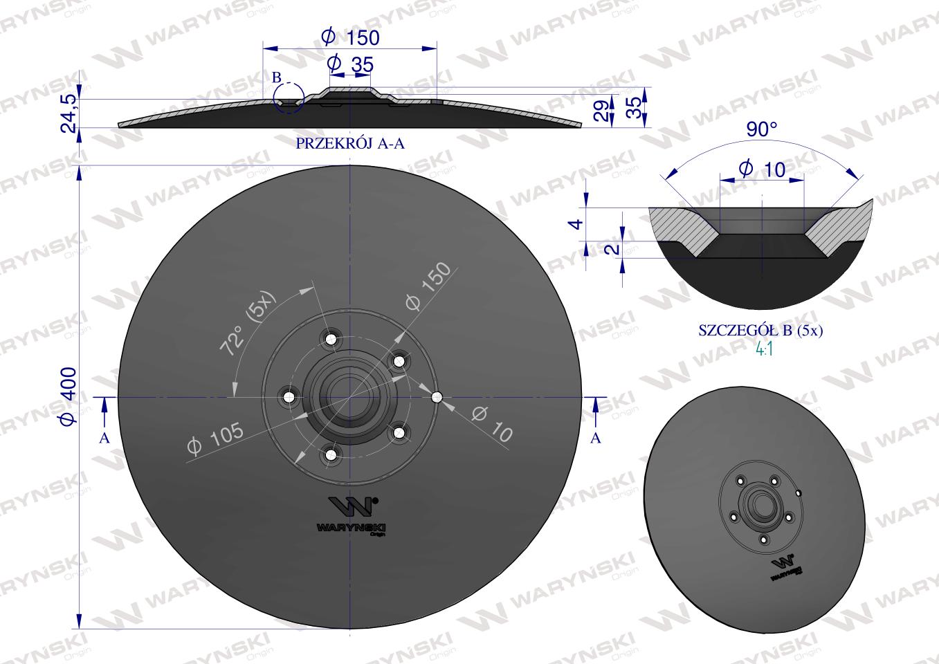 Talerz tarcza redlicy fi 400mm, mocowanie 5 / 105mm grubość 4mm, zastosowanie Amazone 961301, Waryński