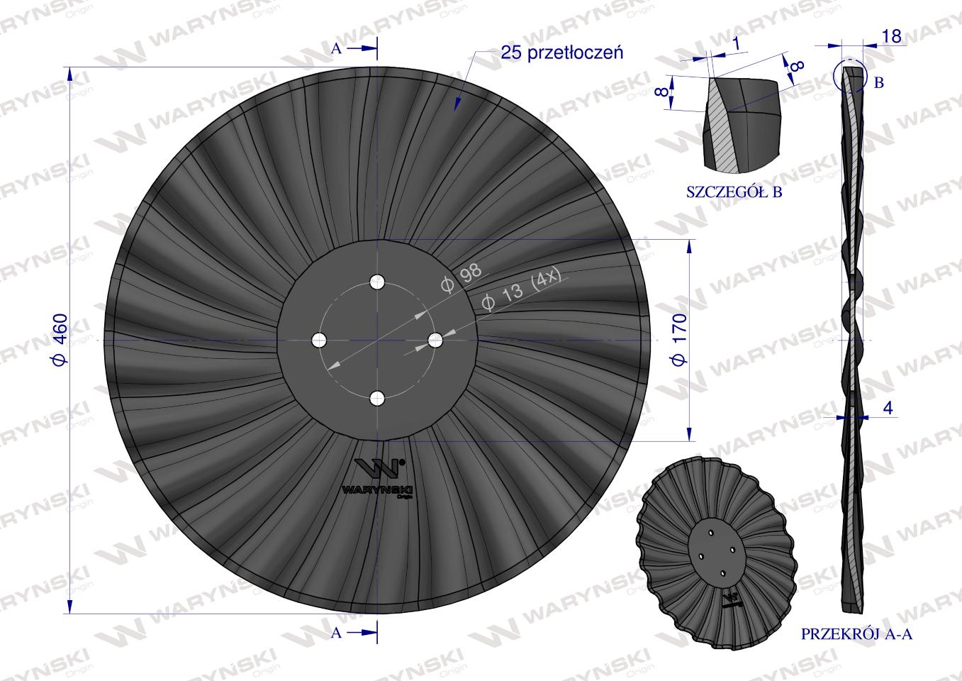 Talerz, prosty falowany drobna fala 460 mocowanie 4/98 grubość 4 mm stal borowa, Waryński