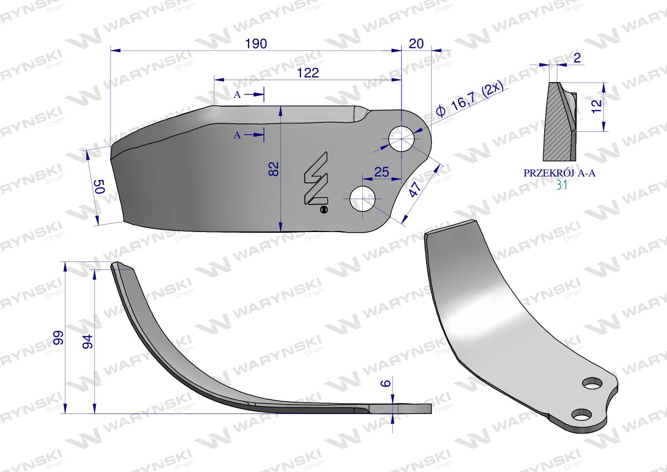 Nóż lewy Glebogryzarka zastosowanie Unia stal borowa Waryński