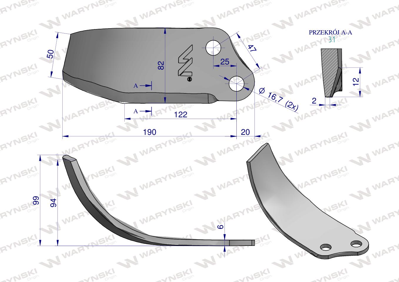 Nóż prawy Glebogryzarka zastosowanie Unia stal borowa Waryński